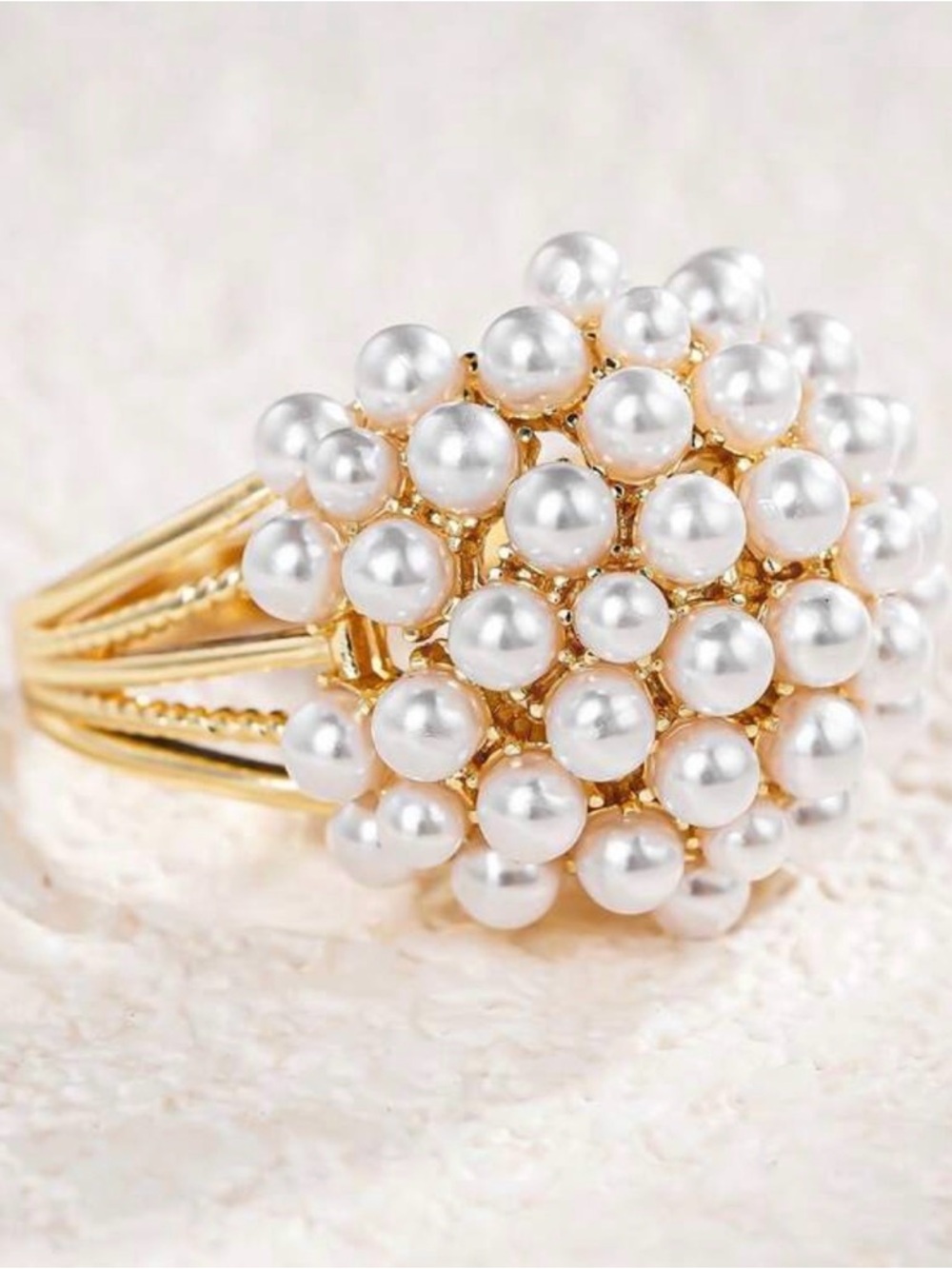 Gold Pearl Cluster Statement Ring Vintage Inspired Dome Ring -  Bridal Size 7